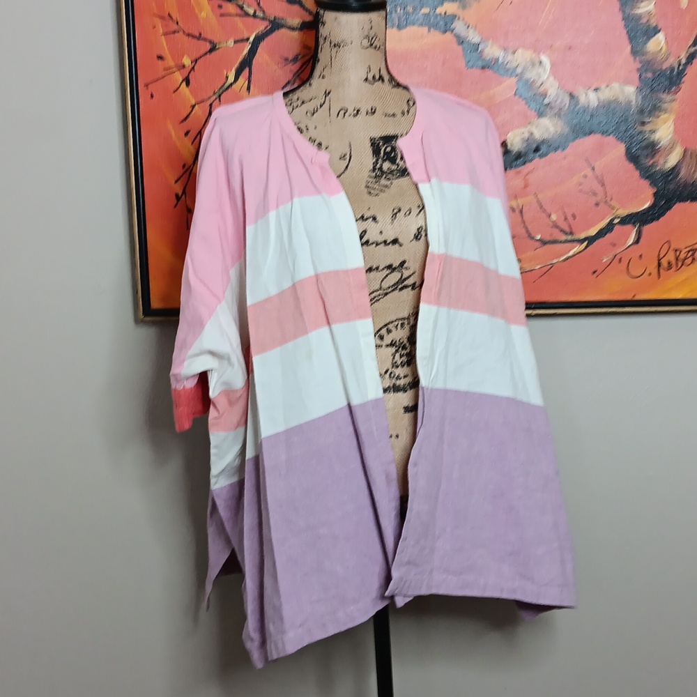 Anthropologie Pink White Coral Lavender Striped Open Cardigan